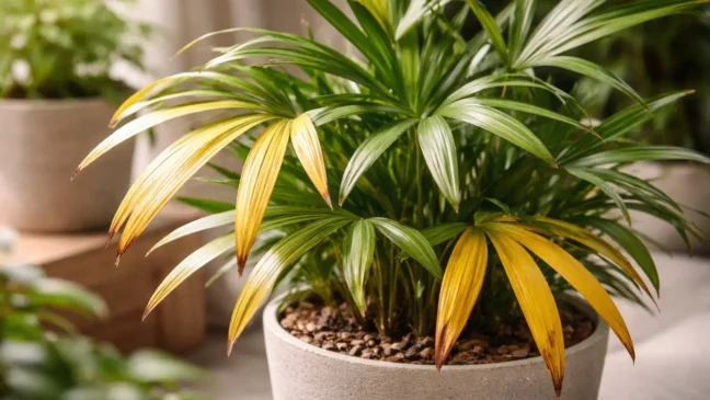 Ráfis-palm com folhas amarelas o limite de rega que muita gente ultrapassa 3 vezes por semana sem notar