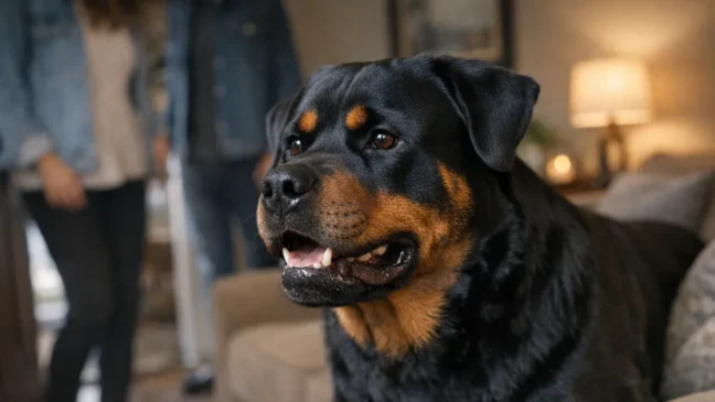 Rottweiler atento na sala