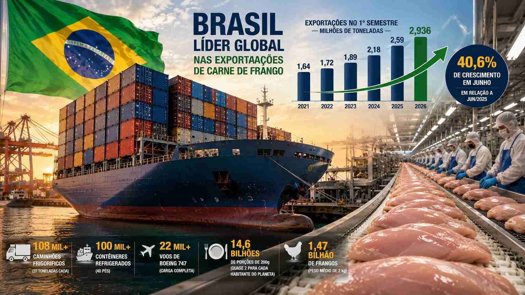 Brasil dispara em exportação de frango: 3 milhões de toneladas para o mundo