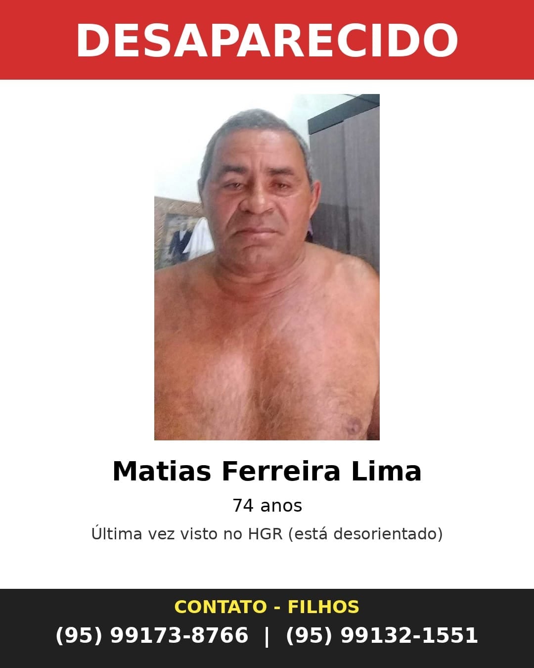 Idoso desaparece de hospital em Boa Vista
