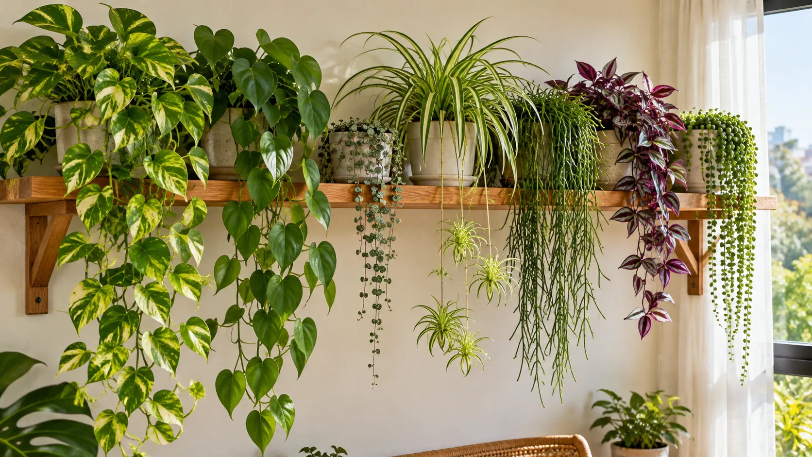 Uma cascata verde na prateleira começa pela escolha: conheça 7 plantas pendentes e veja como posicionar os vasos conforme a luz disponível