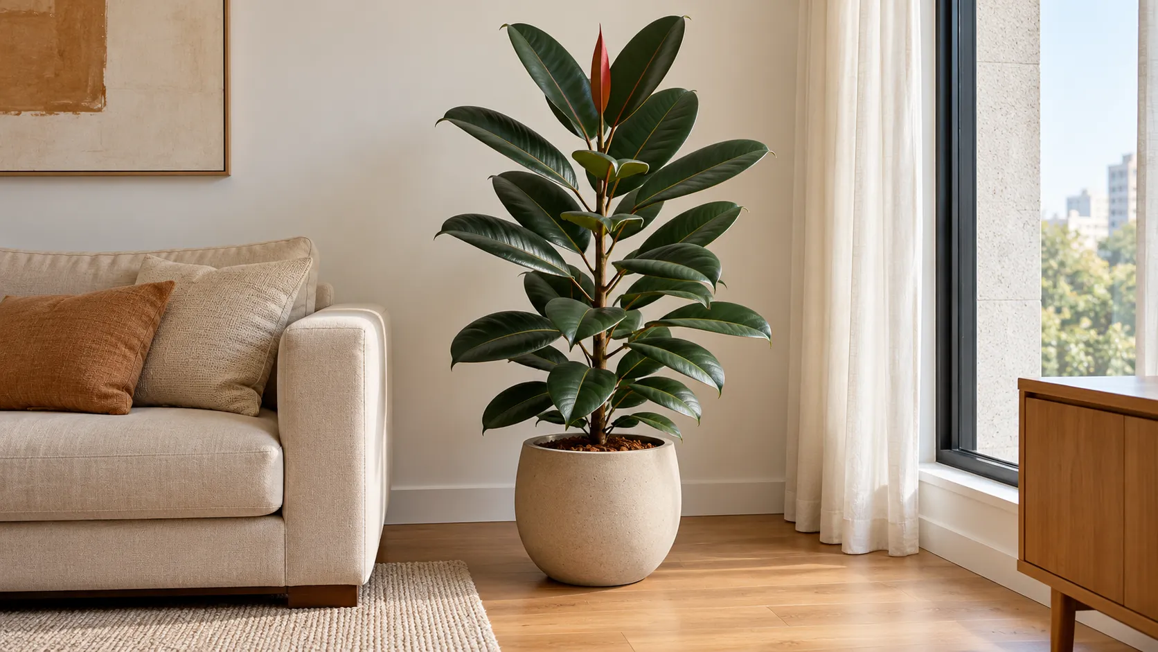 Como usar o ficus-elastica para dar altura à decoração de um canto da sala; saiba como combinar o vaso com os móveis e reservar espaço para a abertura das folhas