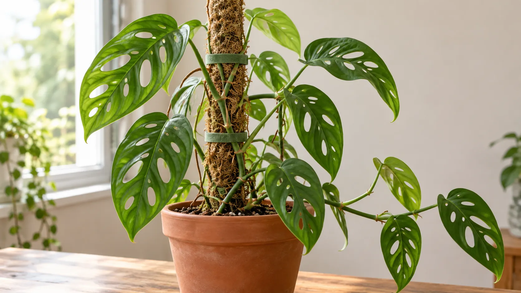 Quando colocar um suporte na Monstera adansonii: os sinais de que é hora de conduzir os ramos para cima e quais cuidados favorecem folhas maiores