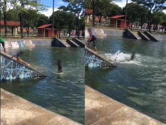 Nas imagens, as crianças escorregam na rampa, caem na água, nadam um pouco e voltam a fazer o mesmo processo - Foto: Reprodução