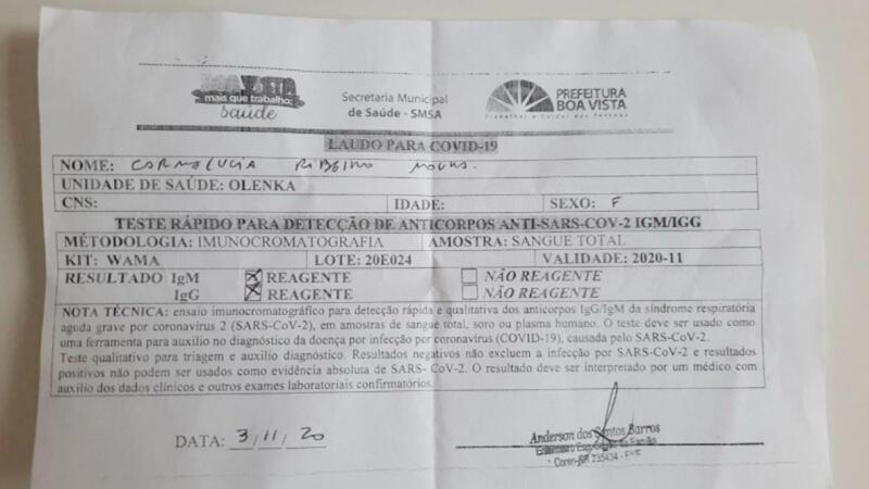 Último exame feito por Carmen em posto de saúde da capital (Foto: Arquivo Pessoal)