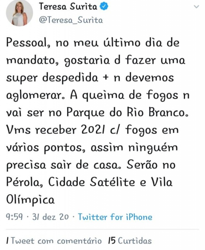 O anúncio foi feito em uma das redes sociais da prefeita Teresa Surita. (Foto: Divulgação)