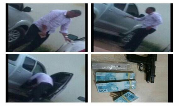 Imagens do vídeo divulgado nas redes sociais mostram o policial em ação retirando dinheiro do carro do médico(Fotos: Reprodução)