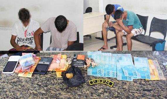 Com os quatro suspeitos foram apreendidos quase R$ 1.600 em dinheiro, dois celulares, três papelotes aparentando ter maconha e uma pedra de pasta base de cocaína (Foto: Samara Cordeiro)