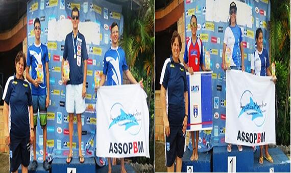 O nadador Flávio Monteiro no lugar mais alto do pódio masculino geral: A atleta Flávia Cantanhede no lugar mais alto do pódio feminino geral (Fotos: Divulgação)