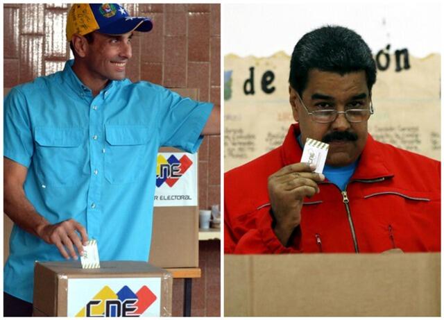 O líder oposicionista, Henrique Capriles e o presidente, Nicolás Maduro, durante votação no país (Fotos: Carlos Rawlins e Luis Robayo)