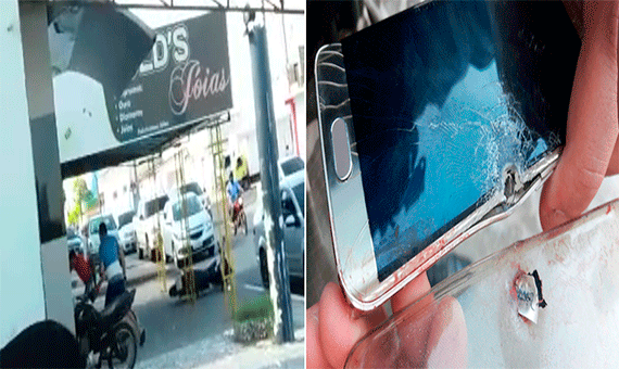 Imagem mostra momento do tiro e, ao lado, o celular com a marca da bala que evitou a morte da vítima (Fotos: Divulgação)