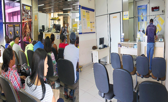 Enquanto agência do Centro fica superlotada, a agência da Rodoviária fica vazia porque não aceita pagamento em dinheiro (Foto: Diane Sampaio)