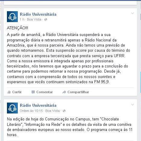 Comunicado publicado pela Rádio Universitária informando a suspensão da programação local (Fonte: Reprodução)