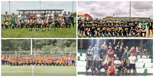 Acima: Boa Vista Falcons (esquerda) e Boa Vista Nordics (direita). Abaixo: Manaus Broncos (esquerda) e North Lions (direita) (Foto: Montagem/Divulgação)