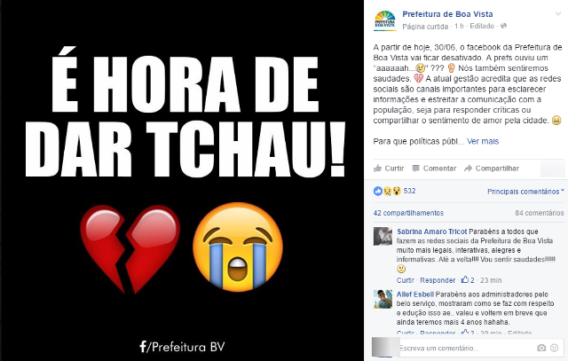 Post da Prefeitura no Facebook anuncia desativação de conta na rede social (Foto: Reprodução Facebook)