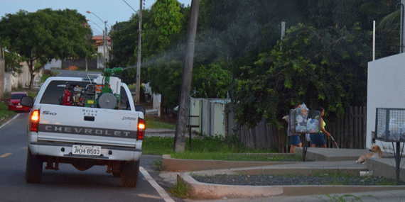 Carro-fumacê circulava pelo bairro 31 de Março na tarde de ontem (Foto: Rodrigo Sales)