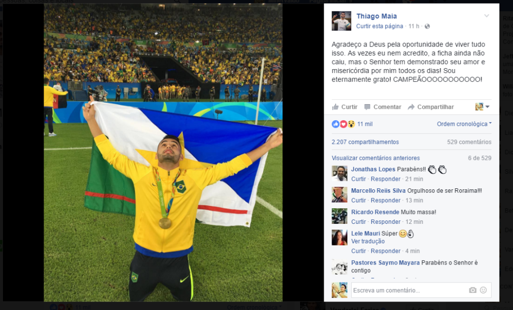 Thiago Maia agradece a ajuda divina durante a jornada olímpica (Foto: Reprodução/Facebook)