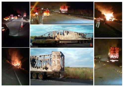 Condutores que passaram pelo local do acidente registraram imagens do momento em que os veículos eram consumidos pelo fogo (Foto: Divulgação)