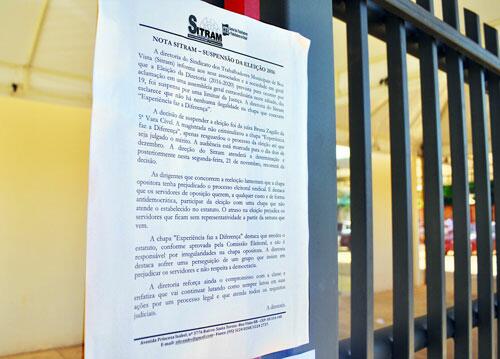 Diretoria do Sitram informou suspensão da eleição por meio de comunicado fixado na sede do sindicato.(Foto: Diane Sampaio)