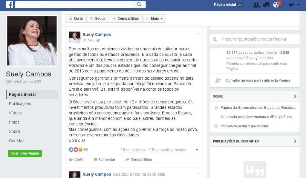 Anúncio do pagamento do décimo foi feito pela governadora Suely Campos no Facebook (Foto: Reprodução/Facebook)