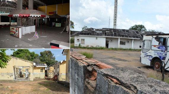 Prédios que abrigaram, no passado, o Boa Vista Shopping, a Escola Diomedes Souto Maior e a Secretaria de Educação estão entregues ao descaso (Foto: Rodrigo Otávio e Wenderson de Jesus)