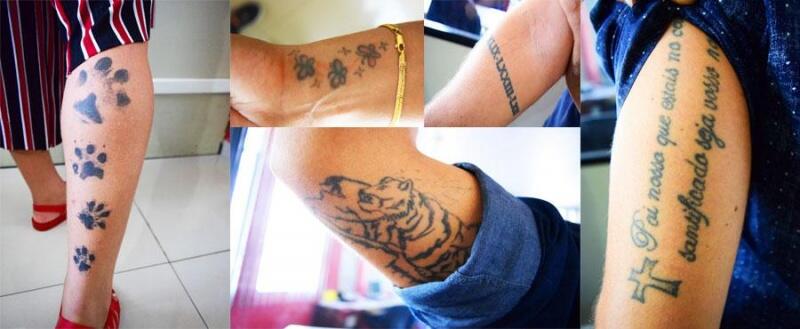 Algumas das tatuagens de candidatos que foram excluídos do concurso (Foto: Diane Sampaio/FolhaBV)