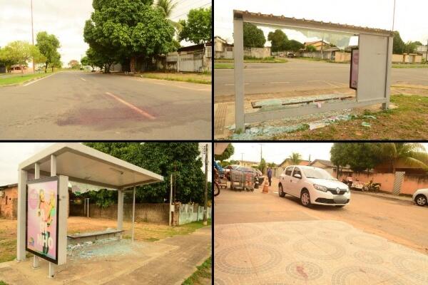 Vidros quebrados da parada de ônibus e marcas de sangue ainda podiam ser visualizados no local até a manhã deste domingo (15) (Foto: Nilzete Franco)