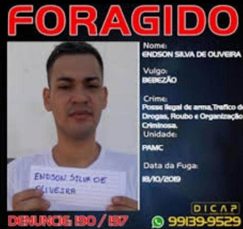 Endson estava foragido da PAMC desde o dia 18 de outubro de 2019 (Foto: Divulgação)