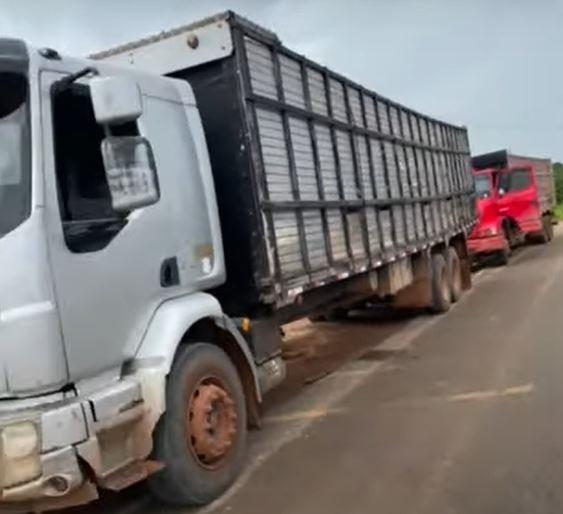 Caminhões parados em Mucajaí (Foto: Reprodução/Vídeo)
