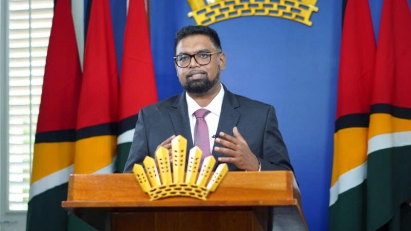 O presidente da Guiana, Mohamed Irfaan Ali, durante discurso (Foto: Divulgação)