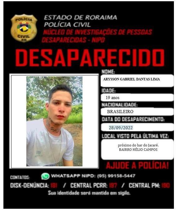 Quem tiver informações que contribuam com a localização do jovem, pode fazer contato com o NIPD, por meio do número (095) 99158-5447 (Foto: Polícia Civil)