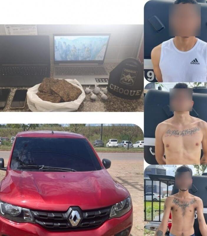 Os envolvidos, o veículo e material apreendido pelo Choque (Foto: Divulgação)