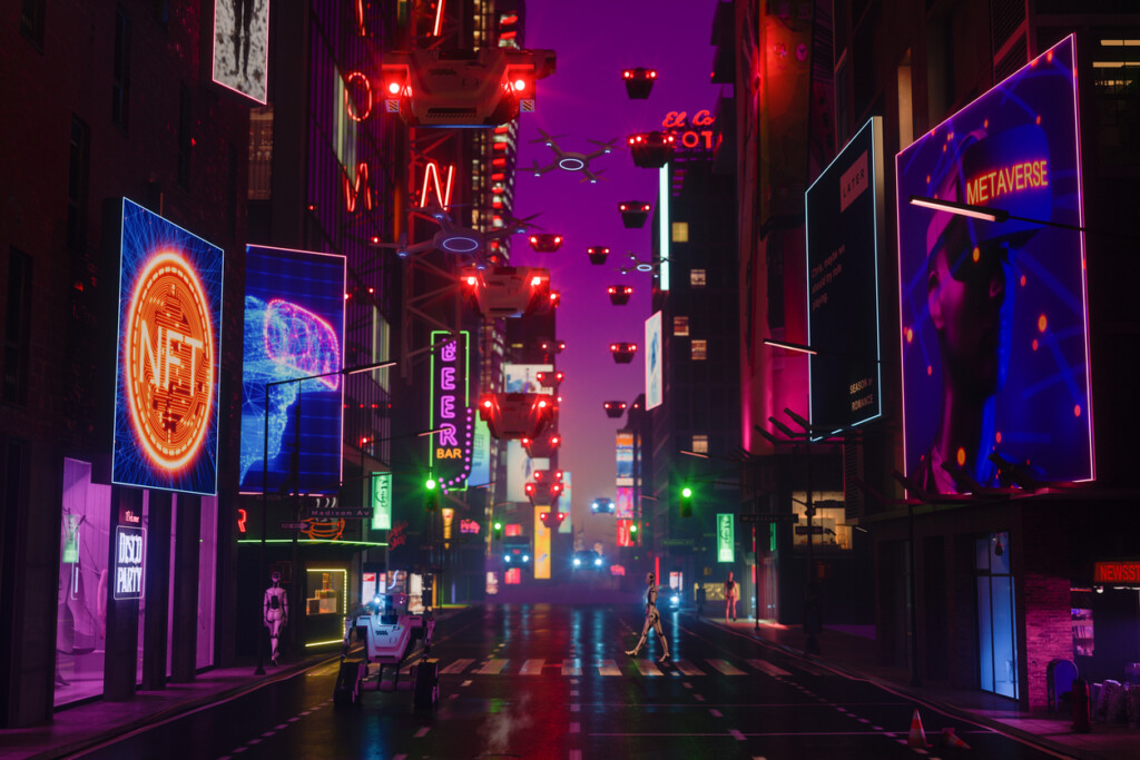 Metaverse Cyberpunk Style City With Robots Walking On Street, Neon Lighting On Building Exteriors, Flying Cars And Drones (Créditos: iStock) Metaverse Cyberpunk Style City With Robots Walking On Street, Neon Lighting On Building Exteriors, Flying Cars And Drones (Créditos: iStock)