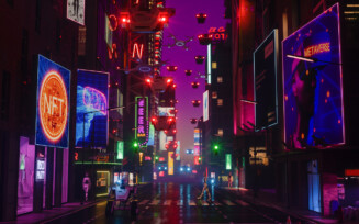 Metaverse Cyberpunk Style City With Robots Walking On Street, Neon Lighting On Building Exteriors,  Flying Cars And Drones (Créditos: iStock)